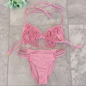 Bikini Set Medium Pink Gold Fringe